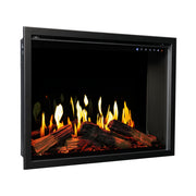 Electric fireplace insert with glowing logs and flames on a white background
