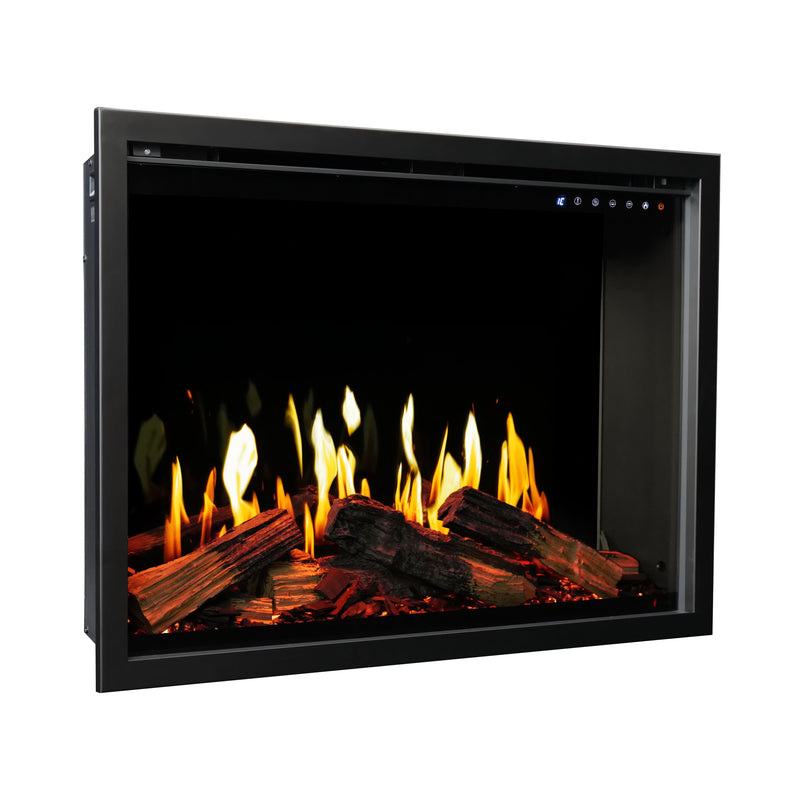 Electric fireplace insert with glowing logs and flames on a white background