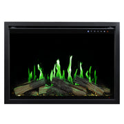 Electric fireplace insert with glowing green flames and logs on a black background