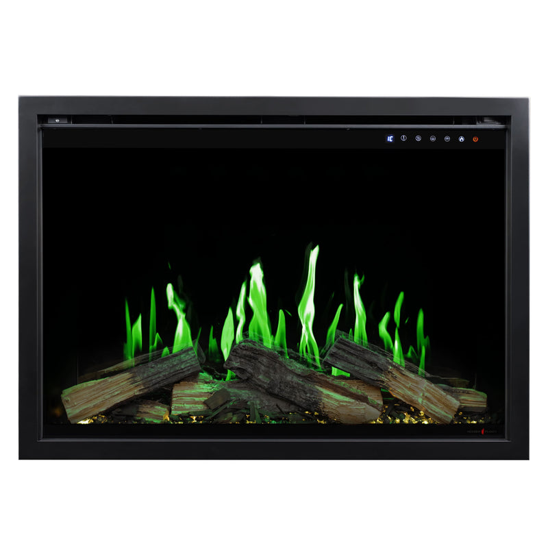 Electric fireplace insert with glowing green flames and logs on a black background