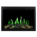 Electric fireplace insert with glowing green flames and logs on a black background