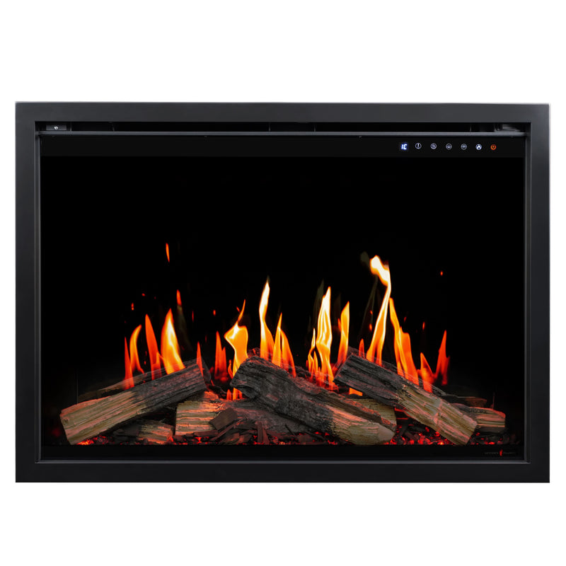 Electric fireplace insert with glowing logs and flames on a black background