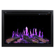 Electric fireplace insert with glowing logs and flames on a white background