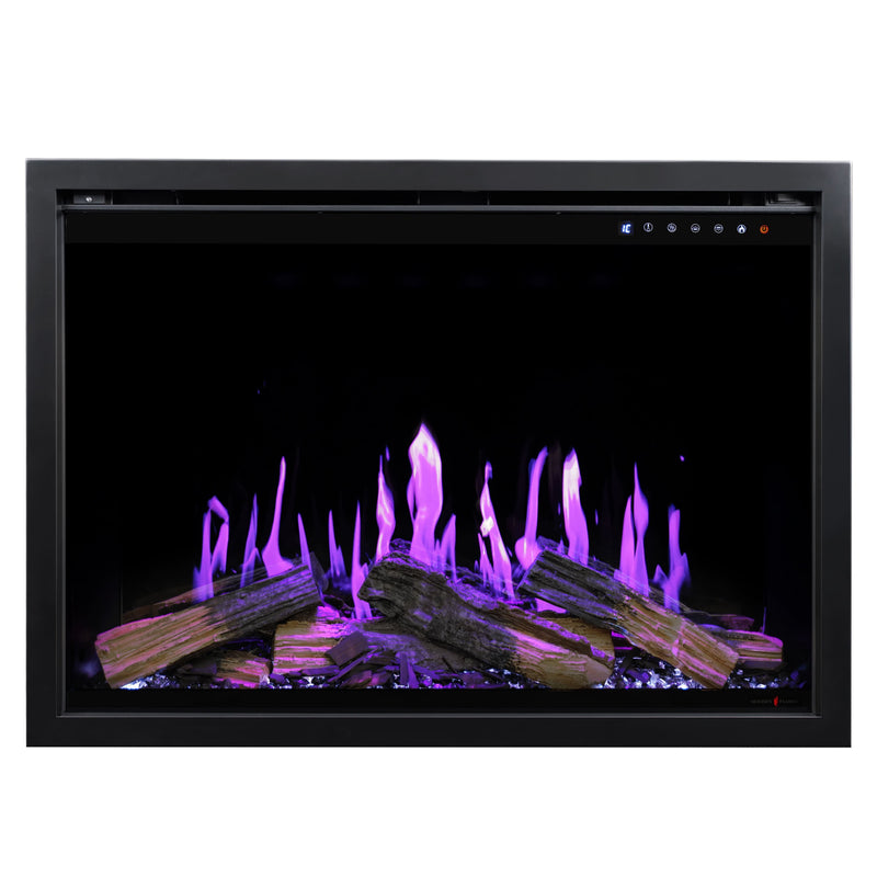 Electric fireplace insert with glowing logs and flames on a white background