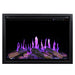 Electric fireplace insert with glowing logs and flames on a white background