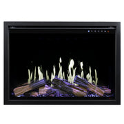 Electric fireplace insert with glowing logs and flames on a black background