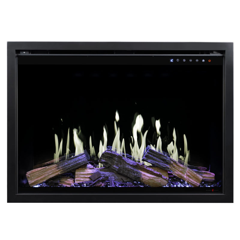 Electric fireplace insert with glowing logs and flames on a black background