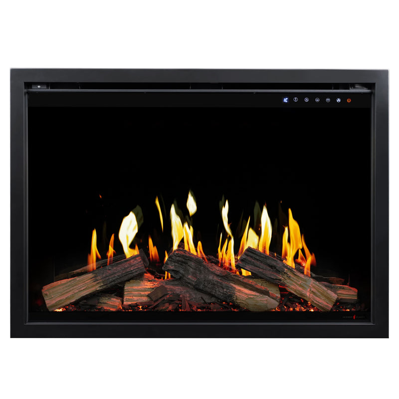 Digital fireplace insert with glowing logs and flames on a white background