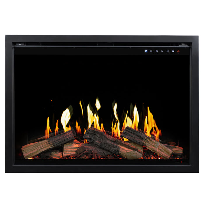 Digital fireplace insert with glowing logs and flames on a white background