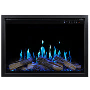 Electric fireplace insert with glowing blue flames and wooden logs on a black background