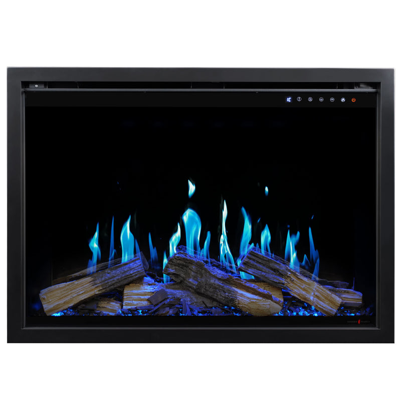 Electric fireplace insert with glowing blue flames and wooden logs on a black background