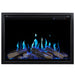 Electric fireplace insert with glowing blue flames and wooden logs on a black background