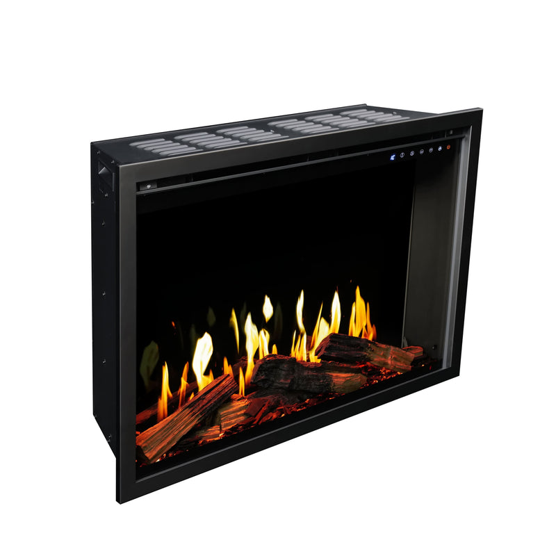 Electric fireplace insert with glowing logs and flames on a white background