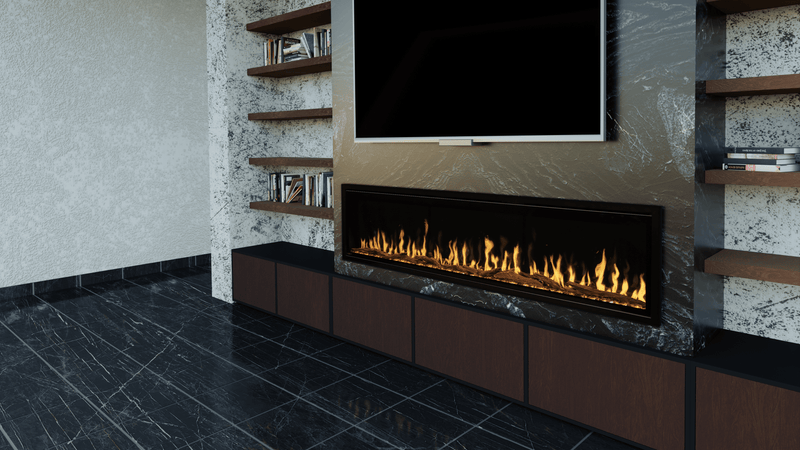 Modern electric fireplace with a television above it in a living room setting.