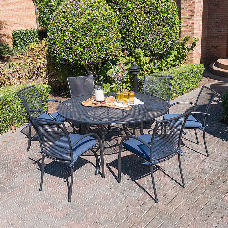 Pilano 7-Piece Round Wrought Iron Dining Set (60" Round Table with Umbrella Hole)