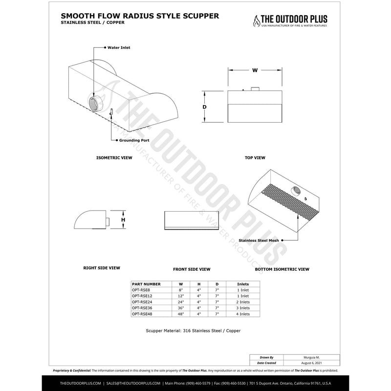 The Outdoor Plus Radius Water Scupper - Copper or Stainless Steel