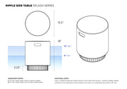 Technical drawing of a Ripple Side Table with dimensions and water depth notes on a white background.
