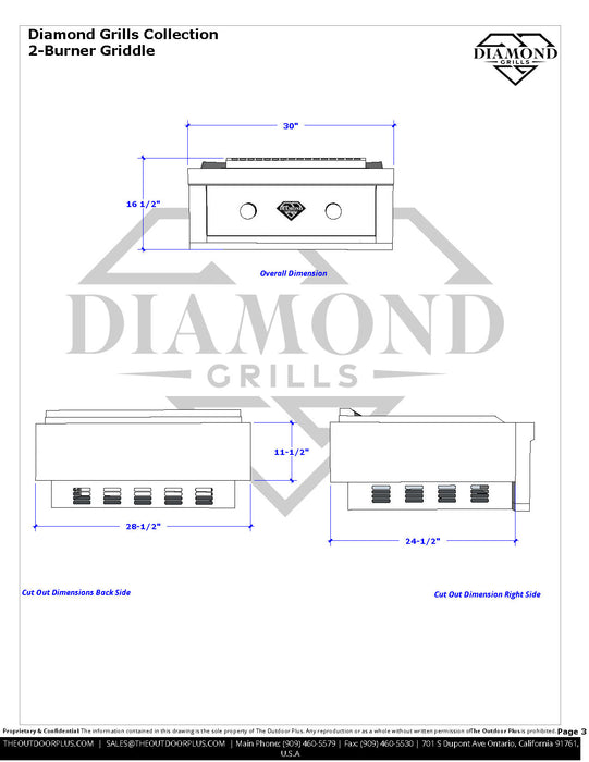 The Outdoor Plus 30" Diamond Griddle, Outdoor Griddle, 2 Burner Griddle, Natural Gas or Liquid Propane Griddle