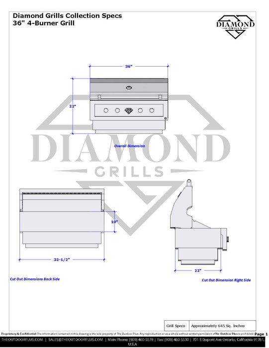 The Outdoor Plus Diamond Series 36" Grill, Built-In Grill, 4 Burner Grill, Stainless Steel Grill, Natural Gas or Liquid Propane Grill