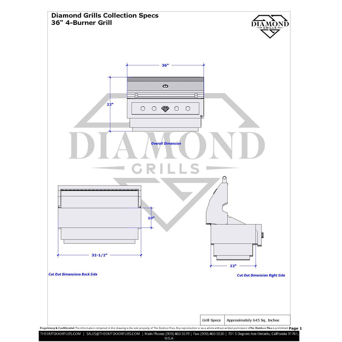 The Outdoor Plus Diamond Series 36" Built-In 4 Burner Grill