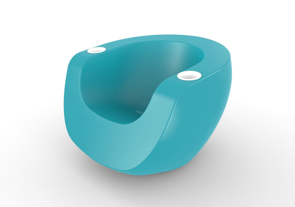 Turquoise chair with white cupholders on a white background
