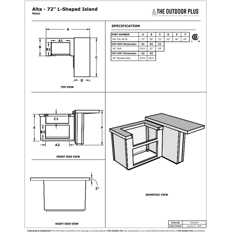 The Outdoor Plus Alta 72" Complete L-Shaped BBQ Island with LED Lights & Surround Sound System