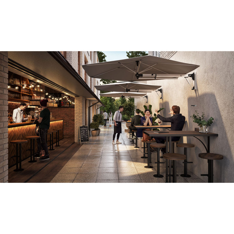 Rendered image of multiple Shadowspec wall mounted umbrellas being used in a commercial space