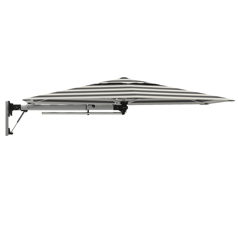 Shadowspec Retreat Umbrella with black and white striped canopy. Image with an all white background.