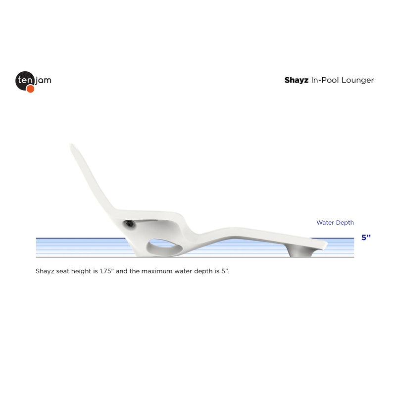 Shayz In-Pool Lounger by tenjam on a white background showing water depths in relation to the lounger
