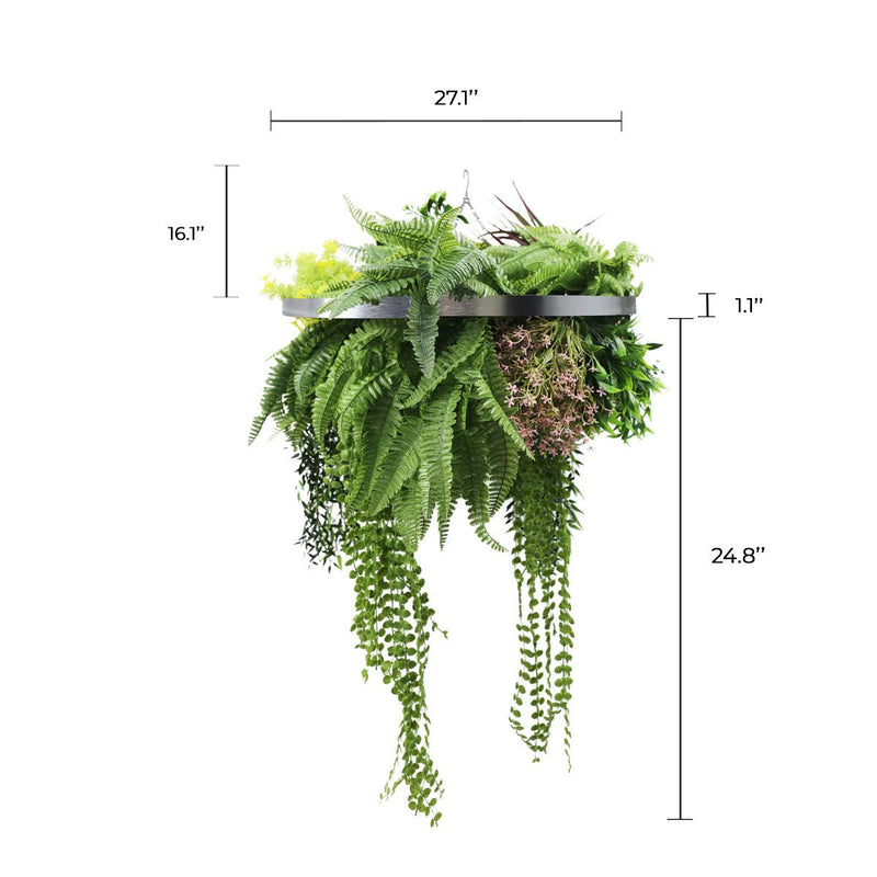 Silver Framed Roof Hanging Disc With Tropical Foliage Mix and Draping Stems UV Resistant Medium