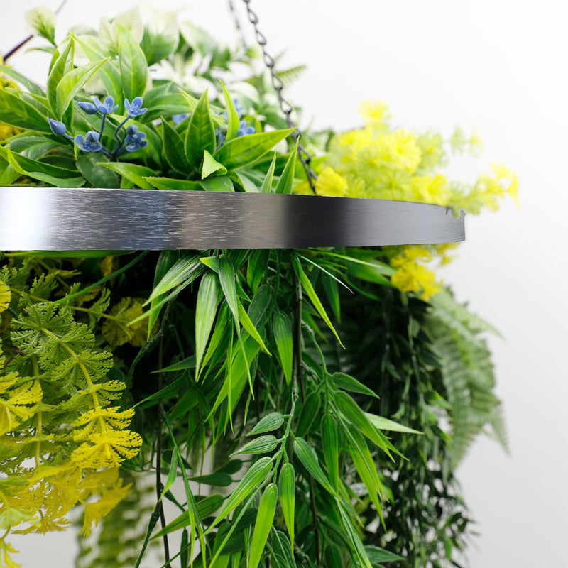 Silver Framed Roof Hanging Disc With Tropical Foliage Mix and Draping Stems UV Resistant Medium