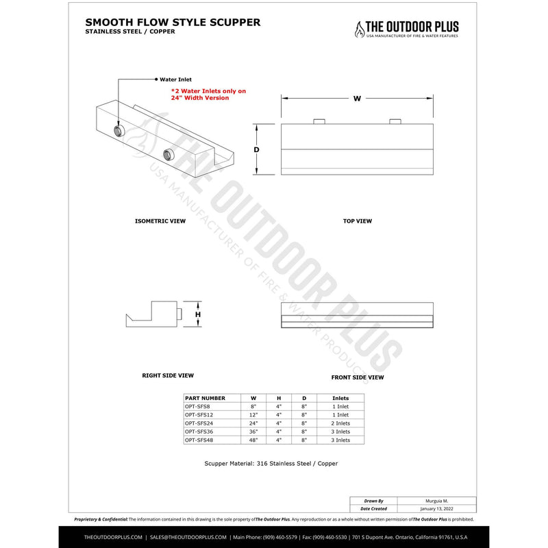 The Outdoor Plus Smooth Flow Water Scupper - Copper or Stainless Steel