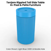 Blue rippled tall side table with umbrella hole on a white background