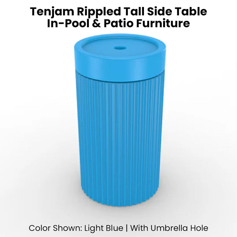 Blue rippled tall side table with umbrella hole on a white background
