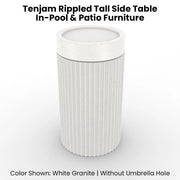 White ribbed side table with text describing product details on a white background