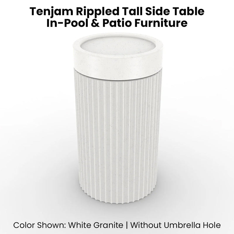 White ribbed side table with text describing product details on a white background