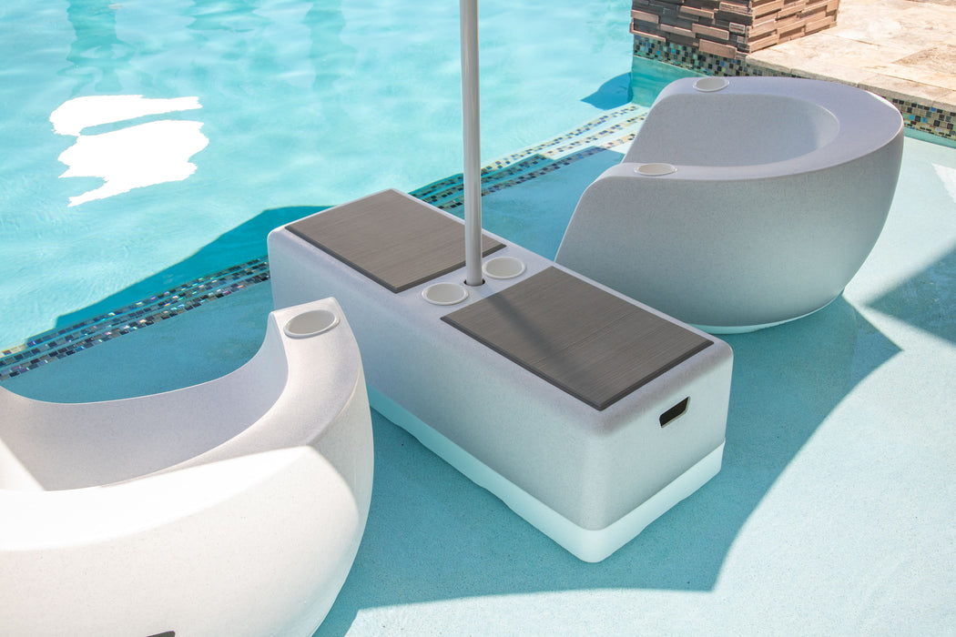 Modern outdoor furniture set by a pool with white and gray colors.