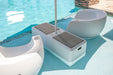 Modern outdoor furniture set by a pool with white and gray colors.