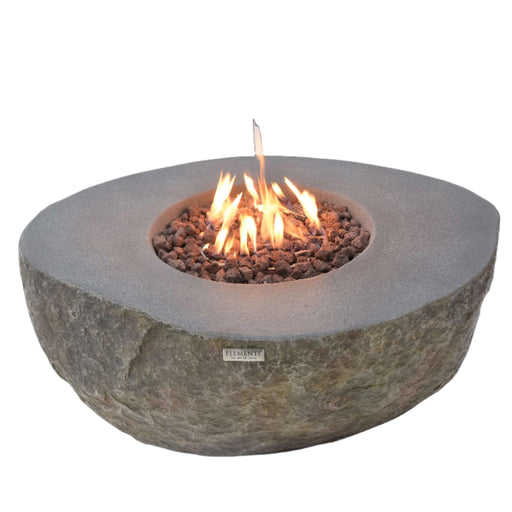 Concrete Elementi Boulder fire pit with flames on a white background
