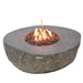 Concrete Elementi Boulder fire pit with flames on a white background