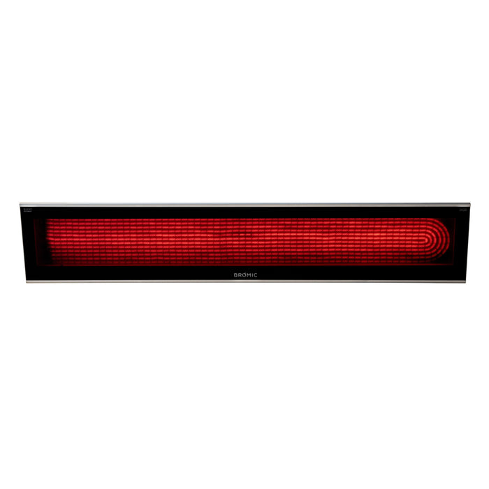 Black outdoor heater by Bromic with red heating element on a white background