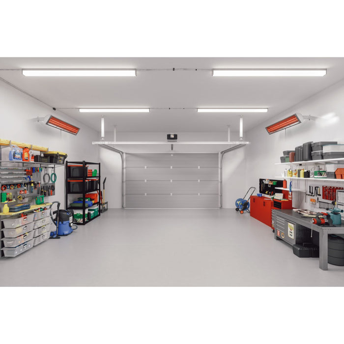Modern garage with organized shelves and tools with Bromic heaters mounted on the left and right walls