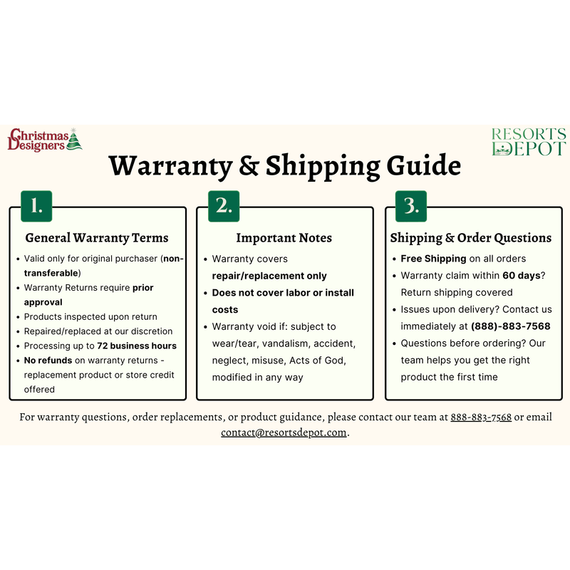 Warranty and shipping guide for Resorts Depot and ChristmasDesigners.com with text and logos.