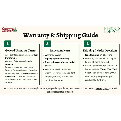 Warranty and shipping guide for Resorts Depot and ChristmasDesigners.com with text and logos.