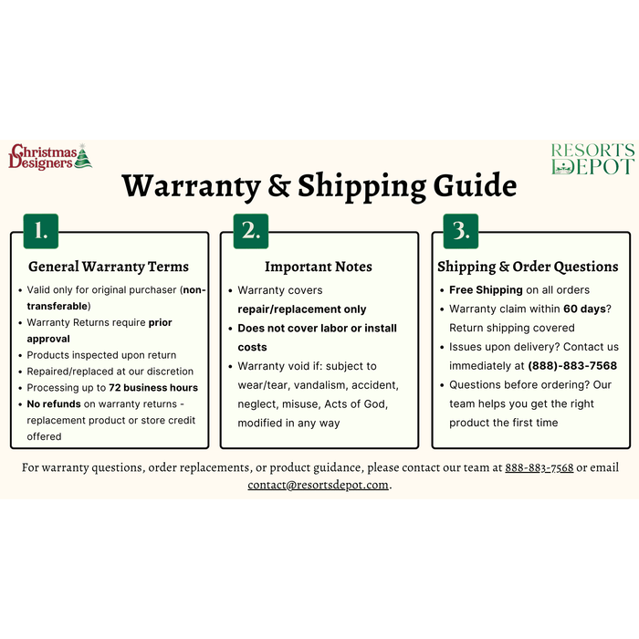 Warranty and shipping guide for Resorts Depot and ChristmasDesigners.com with text and logos.
