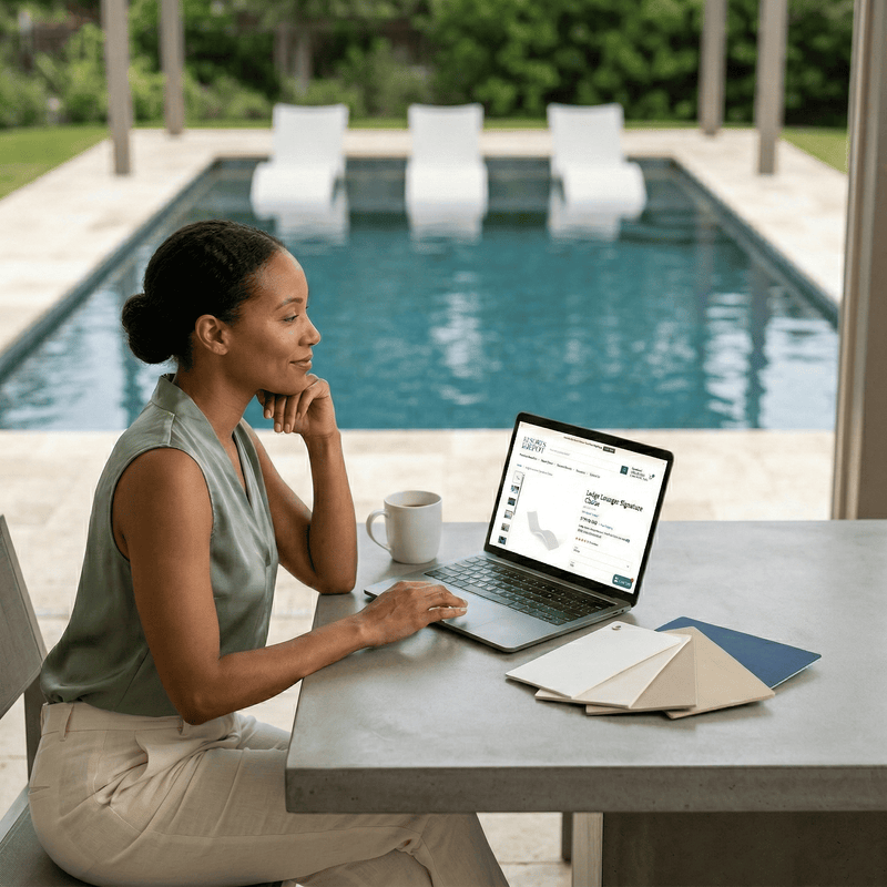Woman using a laptop at a table by a pool with color swatches on the table