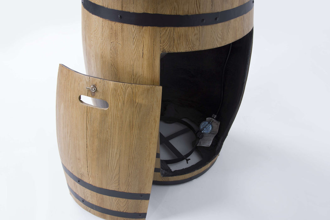 Demonstration of Hidden component of Wooden barrel Elementi Lafite bar height fire table meant for the propane tank