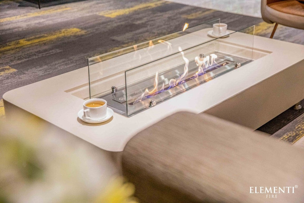 Modern Elementi Sydney fire coffee table with built-in fire pit and Elementi branding