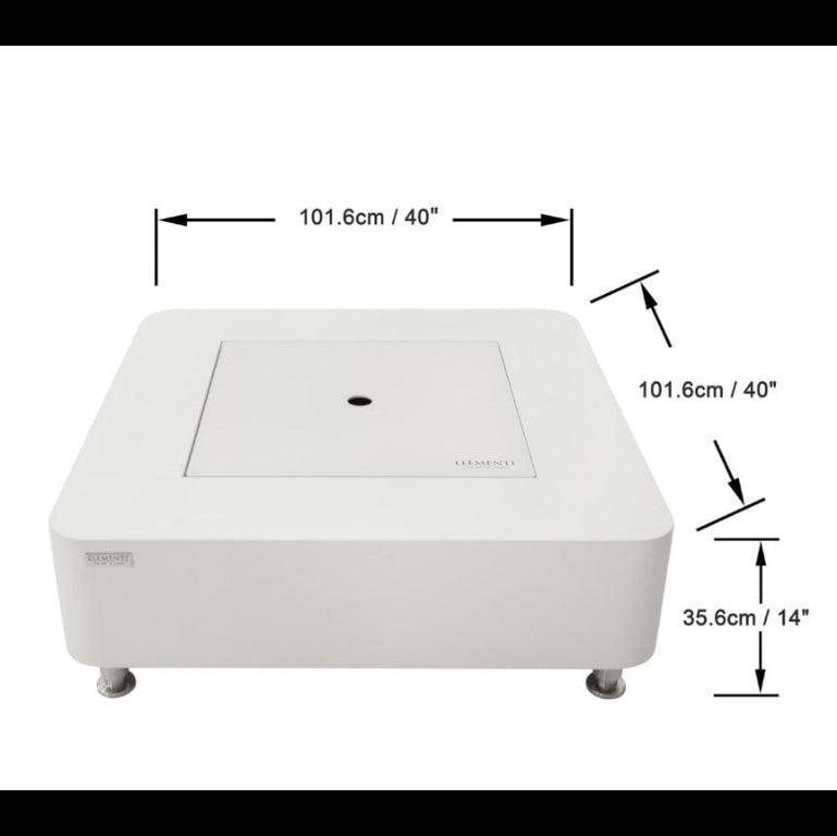 White rectangular perth fire table by Elemenit with dimensions labeled on a white background