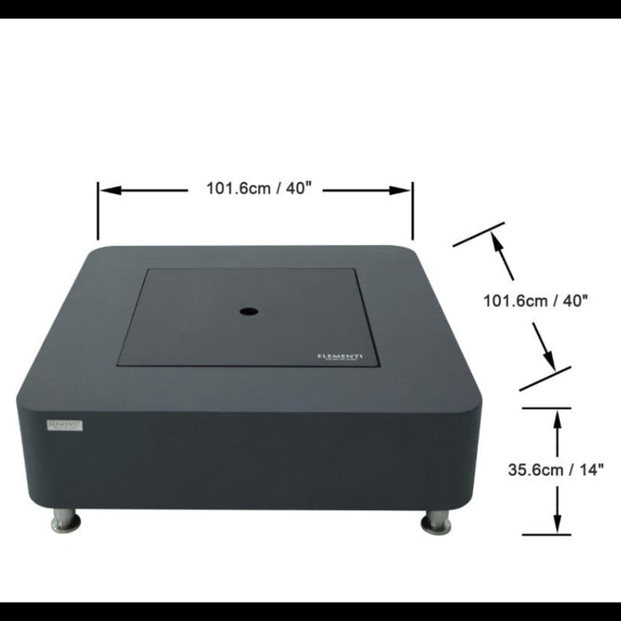 Slate black elementi perth ethanol fire pit with dimensions labeled on a white background
